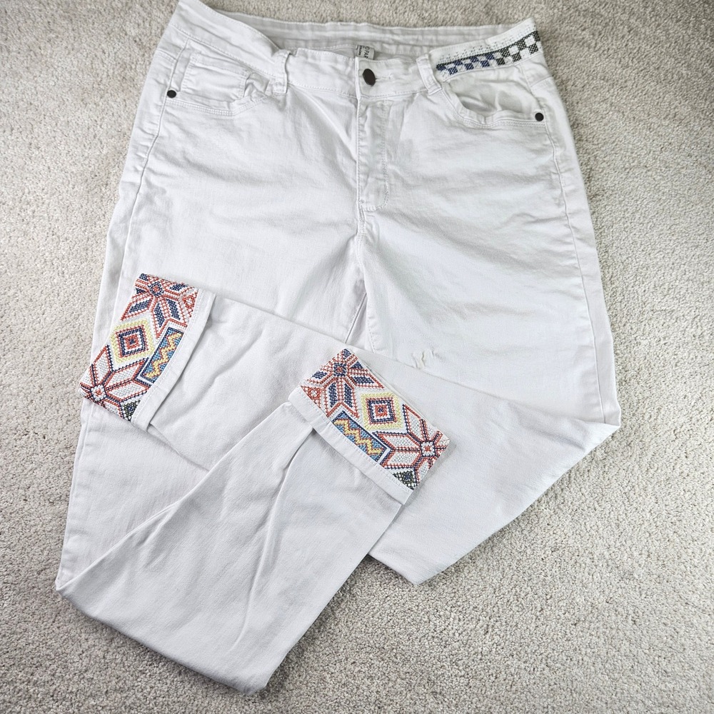 Boho Y2K Tempo Paris‎ Denim White Embroidered Cuff Jeans Women's Size Large